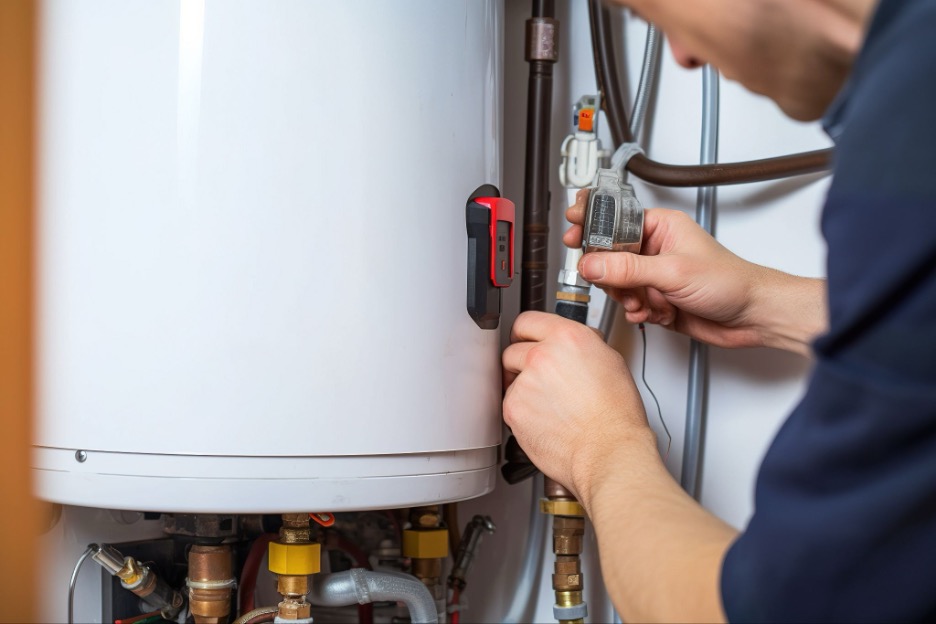 A person adjusting a water heater.