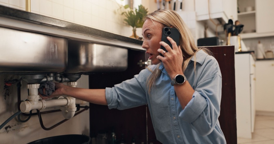 A woman calling a plumber for a plumbing emergency at home.